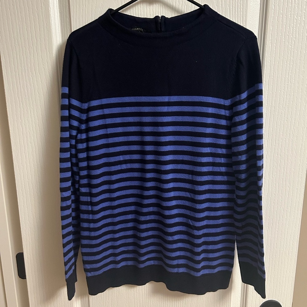 Talbots Women's Black and Blue Striped Crewneck Sweater